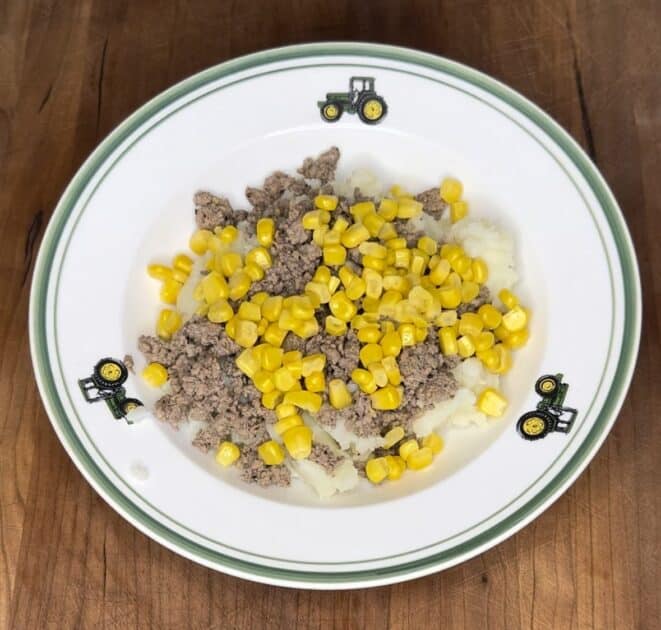 Corn, beef, and mashed potatoes