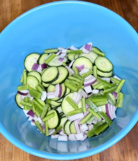 Sliced cucumbers, red onion, and green bell pepper 